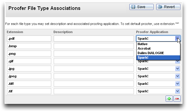 Use Approval Manager's Proofer File Type Associations page to select which proofer to use for each file type. Options include MetaCommunications' Spark