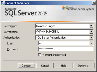 A screenshot showing the MS SQL Server 2005 Connect to Server window.