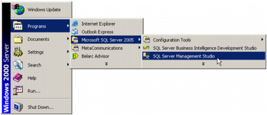 A screenshot showing how the MS SQL Server Management Studio is opened from the Windows Start menu.