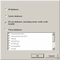 A screenshot of Microsoft SQL Server Management Studio's Database Selection window.