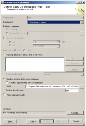A screenshot of Microsoft SQL Server Management Studio's Back Up Database (Full) Task Window.