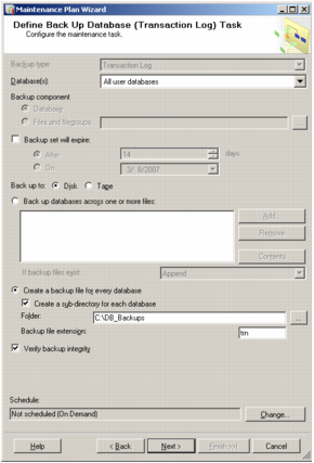 A screenshot of Microsoft SQL Server's Define Backup Database (Transaction Log) Task window after task options have been set.