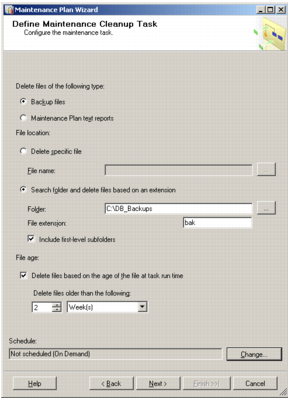 A screenshot of Microsoft SQL Server Management Studio's Define Maintenance Cleanup Task window with cleanup options set.