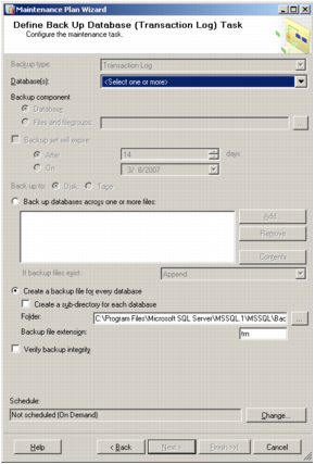 Screenshot of Microsoft SQL Server Management Studio's Define Backup Database (Transaction Log) Task window.