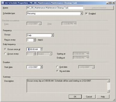 A screenshot of Microsoft SQL Server Management Studio's Job Schedule Properties window.