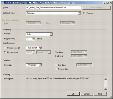 A screenshot of Microsoft SQL Server Management Studio's Job Schedule Properties window with options set.