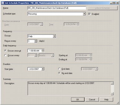 A screenshot of Microsoft SQL Server Management Studio's Job Schedule Properties window for a database backup maintenance task.