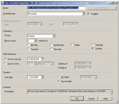 A screenshot of Microsoft SQL Server Management Studio's Job Schedule Properties window for a transaction log backup task.
