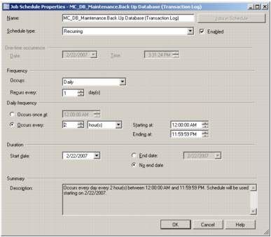 A screenshot of Microsoft SQL Server Management Studio's Job Schedule Properties window for a transaction log backup task. Options are specified in this window.