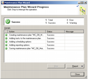 A screenshot of Microsoft SQL Server Management Studio's Maintenance Plan Wizard Progress window as it appears when a maintenance plan is saved.
