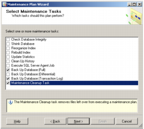 Screenshot of Microsoft SQL Server Management Studio's Select Maintenance Tasks Window.
