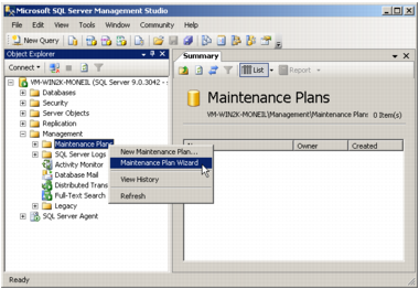 A screenshot showing the selection of the Management Plan Wizard context menu option for a database selected in the Micrisoft SQL Server Management Studio