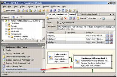 A screenshot of Microsoft SQL Server Management Studio showing a maintenance cleanup task in the designer pane.