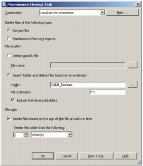 A screenshot showing Micrisoft SQL Server Management Studio's Maintenance Cleanup Task Properties dialog window with properties specified.