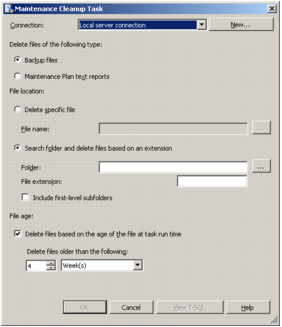 A screenshot showing Micrisoft SQL Server Management Studio's Maintenance Cleanup Task Properties dialog window.