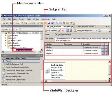 A screenshot of Microsoft SQL Server Management Studio showing a maintenance plan with callouts for the Subplan List and the (Sub)Plan Designer.
