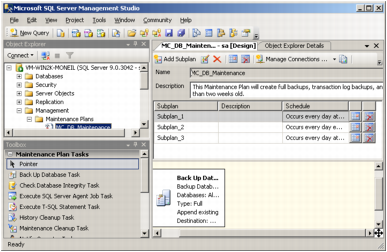 A screenshot of Microsoft SQL Server Management Studio showing a maintenance plan in the display pane.
