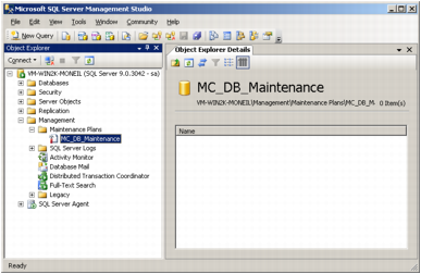 A screenshot of Microsoft SQL Server Management Studio with a maintenance plan selected.