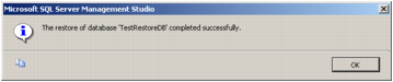 A screenshot of MS SQL Server Management Studio's Restore Complete window.