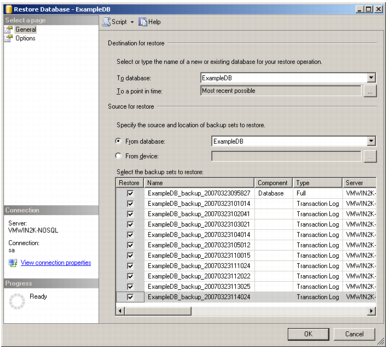 A screenshot showing MS SQL Server Management Studio's Restore Database window with options set for restoring to a database.