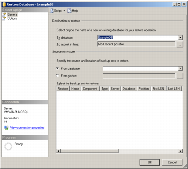 A screenshot showing MS SQL Server Management Studio's Restore Database window.