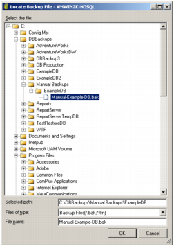 A screenshot of Microsoft SQL Server Management Studio's Locate Backup File window.
