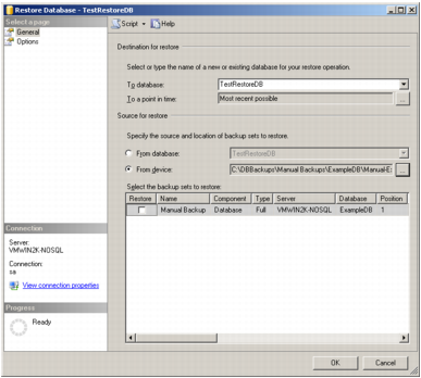 A screenshot of Microsoft SQL Server Management Studio's Restore Database window.