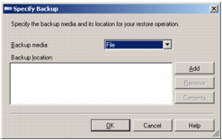 A screenshot of Microsoft SQL Server Management Studio's Specify Backup window.