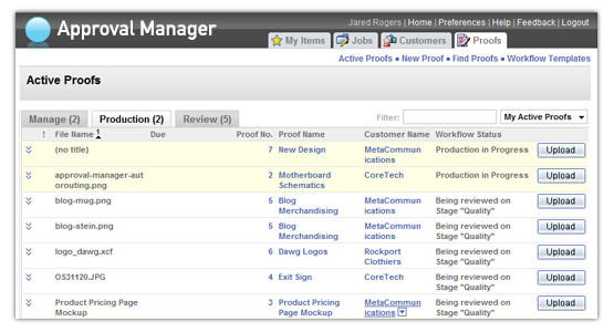 Approval Manager's Producer Dashboard provides a convenient way for users with production responsibilities to monitor or check the status of proofs that need to be uploaded to the workflow.
