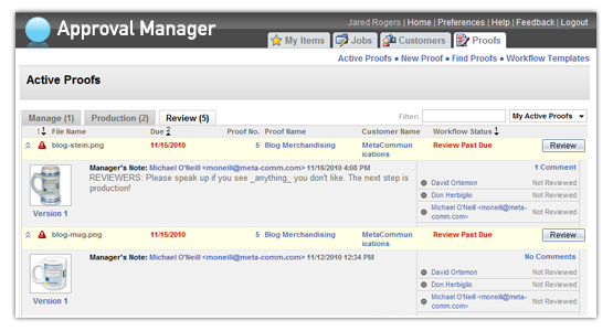 Approval Manager's Reviewer Dashboard provides a convenient way for proof reviewers to see what proofs they are assigned to review. Reviewers can drill down into the proof to add comments and set review statuses on proofs from their dashboards.