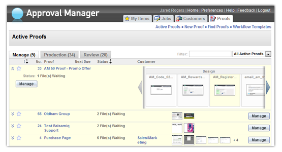 Approval Manager's Management Dashboard provides a convenient way for proof managers to monitor or check the status of active proofs and take action on proofs if necessary.