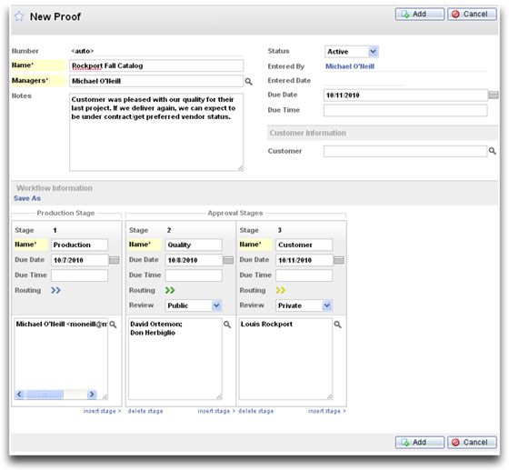 Use the Approval Manager New Proof page to create a new approval workflow, define stages, and assign users.