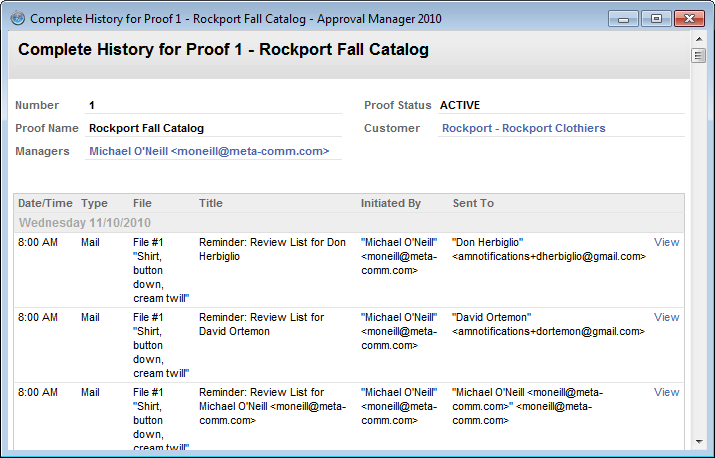 Screenshot of the Approval Manager Round History Page providing a visual audit trail of the complete history for the rounds in a proof review workflow.